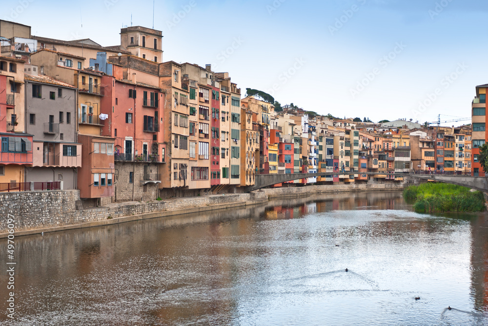 Colorful houses and apartments in the historic city of Girona, S