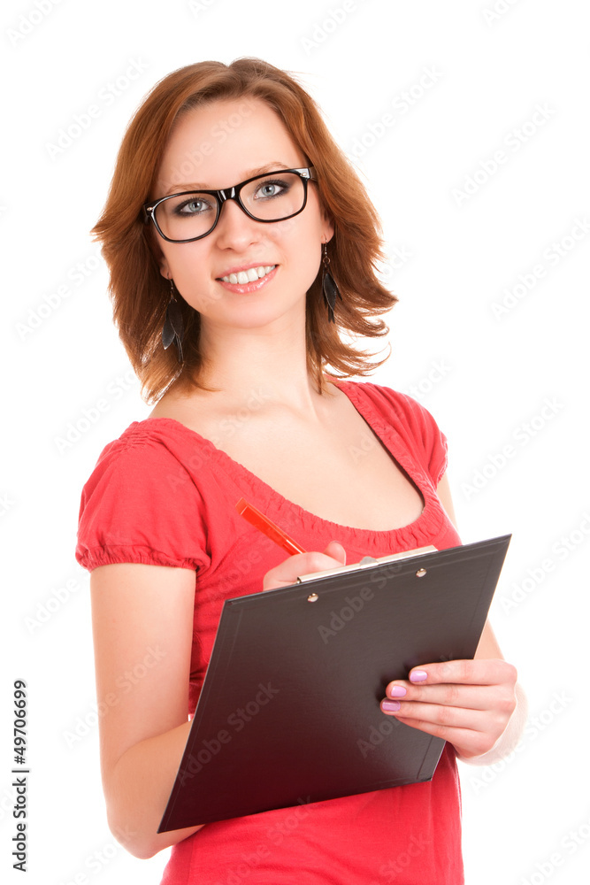 Young woman holding clipboard