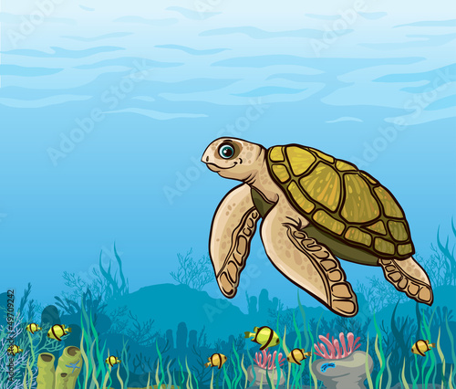 Fototapeta Naklejka Na Ścianę i Meble -  Cartoon sea turtle and coral reef.