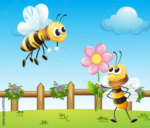 Two bees inside the wooden fence