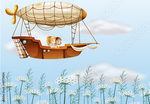 Two young ladies carried by the airship