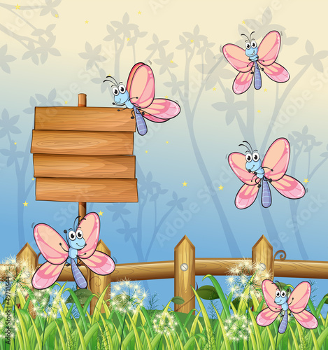 Five butterflies near an empty board