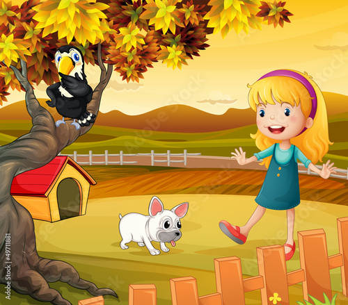 A girl with a dog and bird