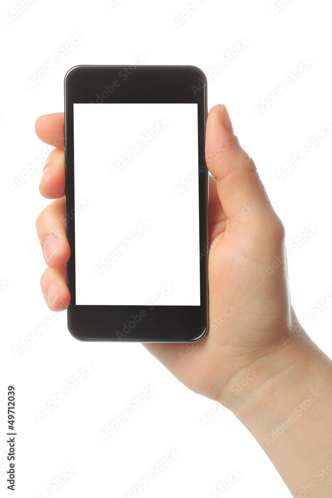 Hand holding smart phone isolated on white background. Hand holding smart phone isolated on white background.