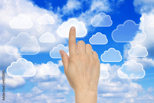 Cloud computing concept with woman hand .