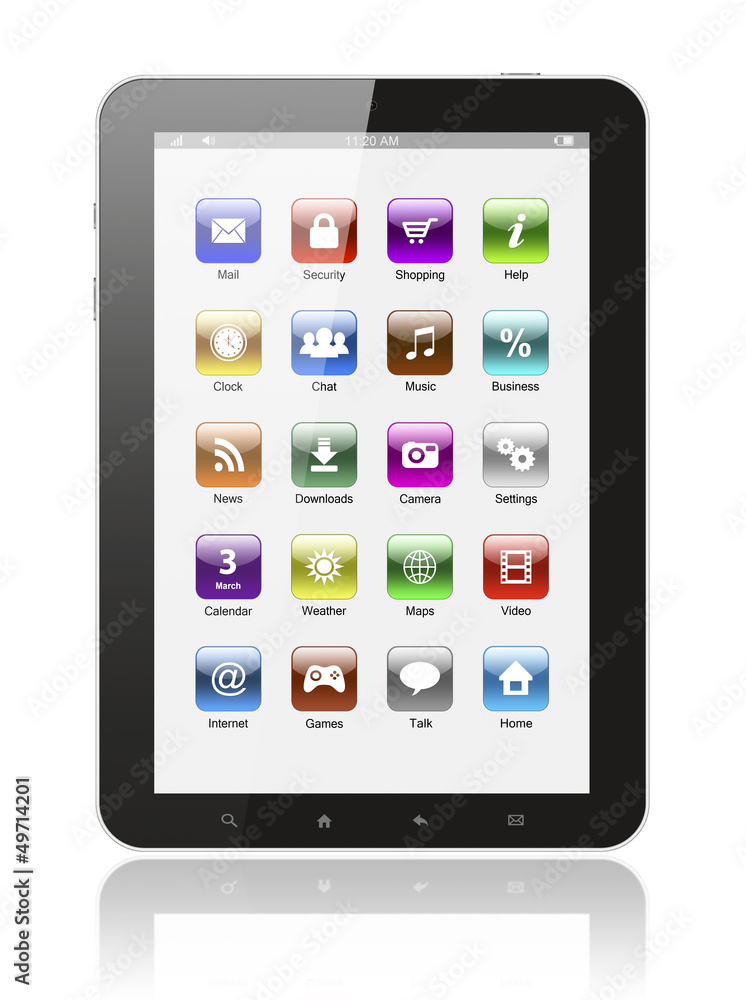 Tablet pc with icons on white background .