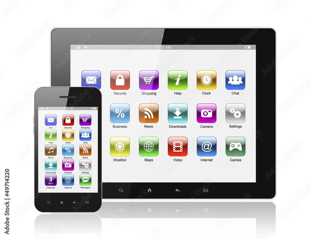 Tablet pc and smart phone with icons on white background Tablet pc and smart phone with icons on white background