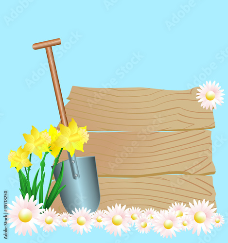Gartenarbeit mit Spaten, Gänseblümchen und Narzissen