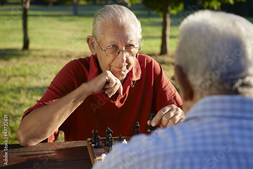 Active retired people, two senior men playing chess at park