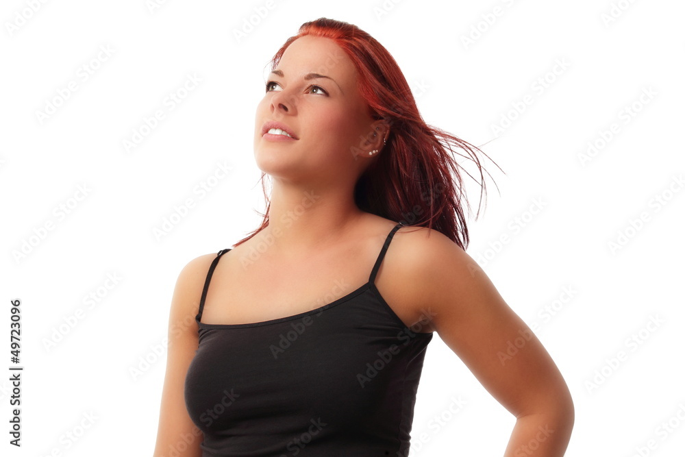 Frau mit sinnigem Blick nach oben Frau mit sinnigem Blick nach oben