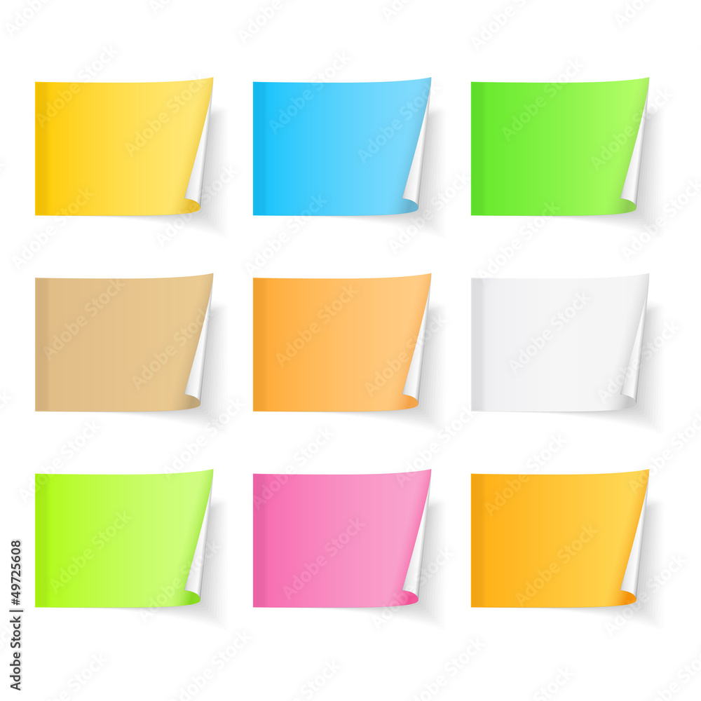 Set of blank colored sticky notes with curl Set of blank colored sticky notes with curl