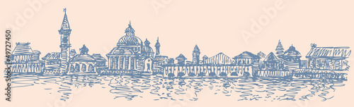 Vector cityscape. The buildings of the old town by the river