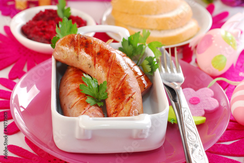 grilled white sausage with beetroot sauce for easter
