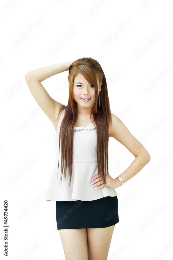 Portrait young beautiful casual woman standing isolated against Portrait young beautiful casual woman standing isolated against