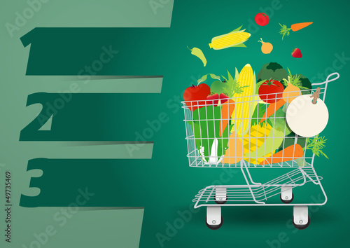 Design template Shopping cart with fruits and vegetables