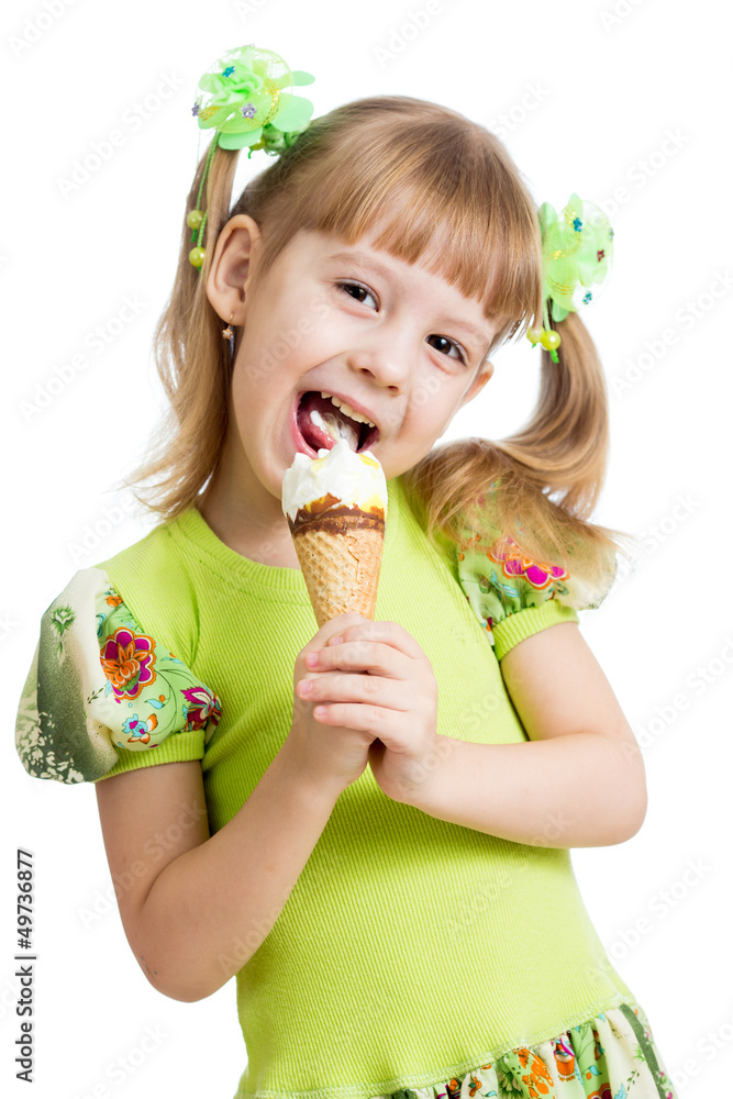 happy kid girl eating ice cream in studio isolated happy kid girl eating ice cream in studio isolated