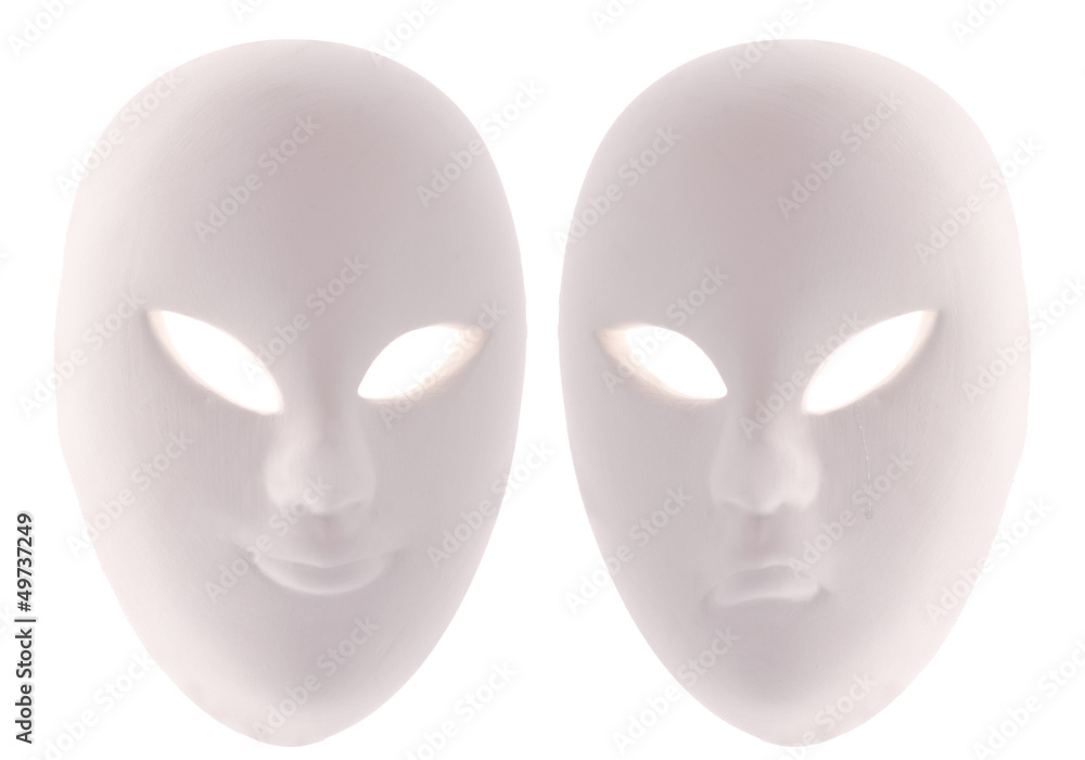 two light plaster masks isolated on white two light plaster masks isolated on white