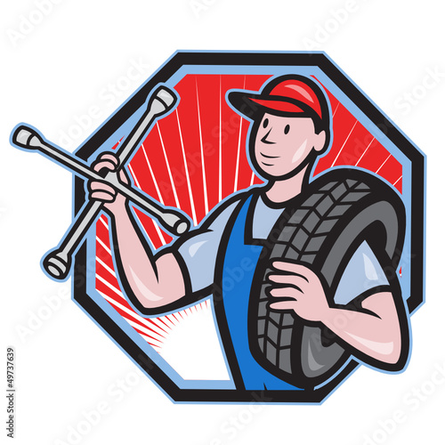 Mechanic With Tire Socket Wrench And Tire