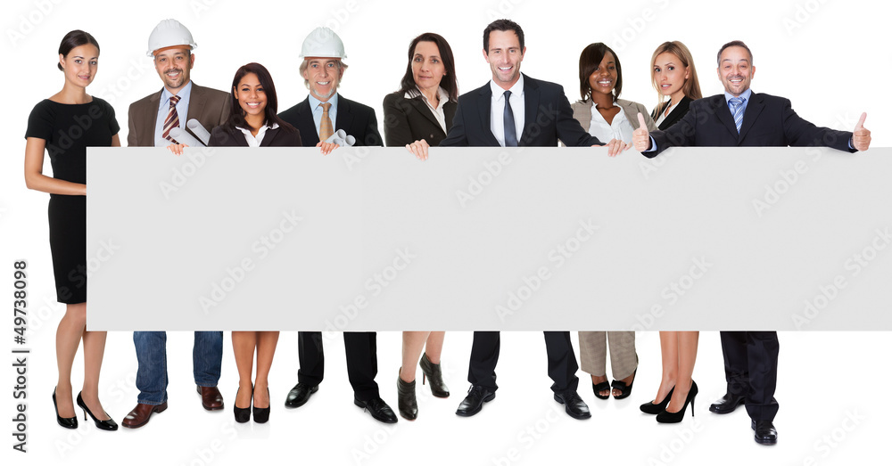 Group of business people presenting empty banner Group of business people presenting empty banner