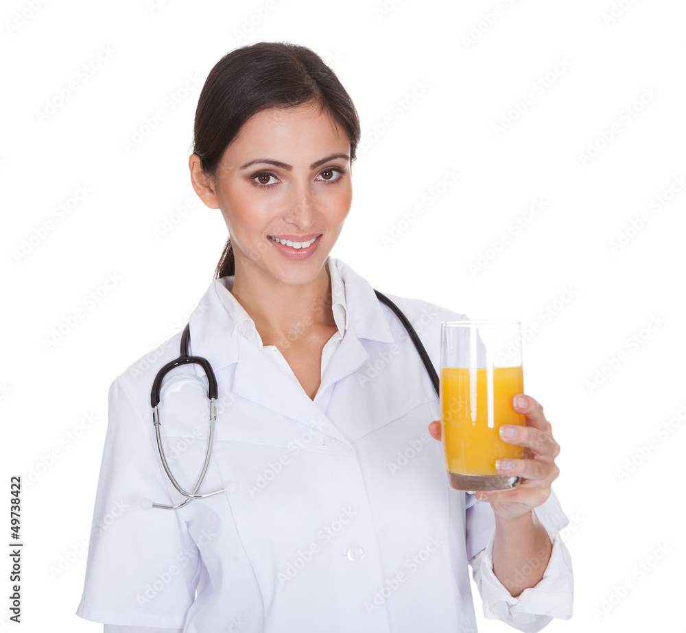 Happy Female Doctor Holding Orange Juice Happy Female Doctor Holding Orange Juice