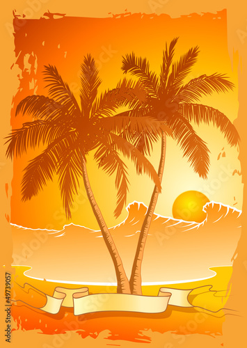 Palmen mit Sonnenuntergang am Wasser mit Banner #49739057