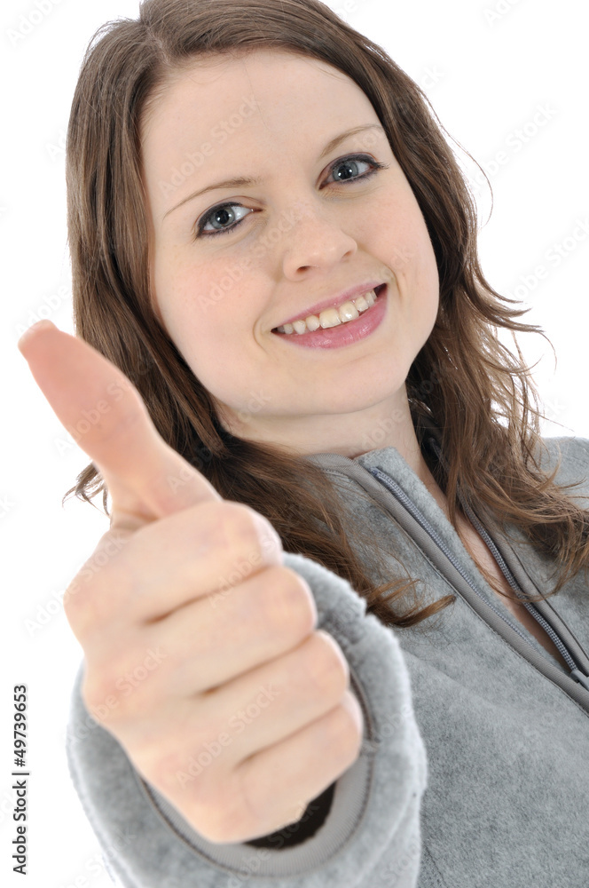 Junge Frau in grauem Freizeitanzug Junge Frau in grauem Freizeitanzug