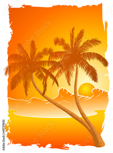 Palmen mit Sonnenuntergang am Wasser #49739843