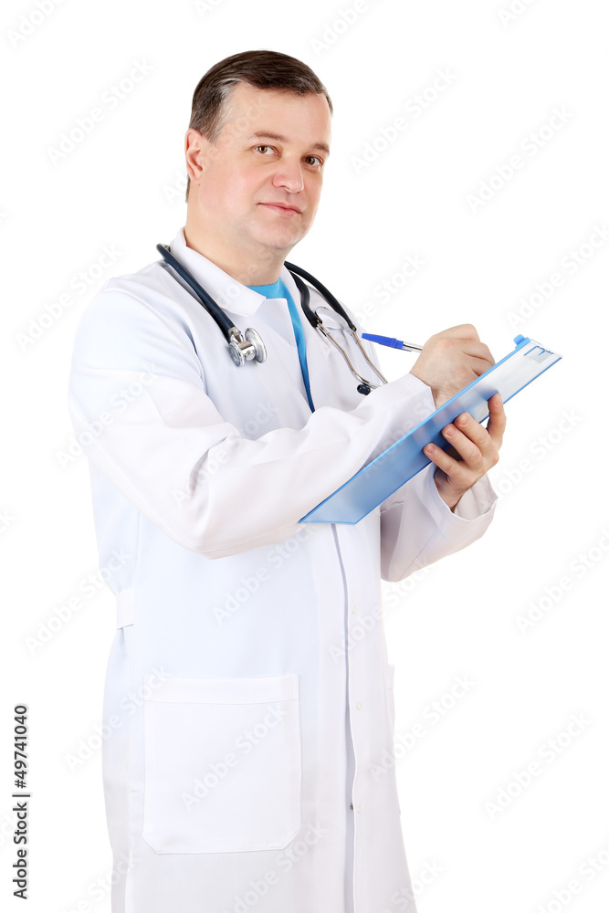 Medical doctor with stethoscope isolated on white Medical doctor with stethoscope isolated on white