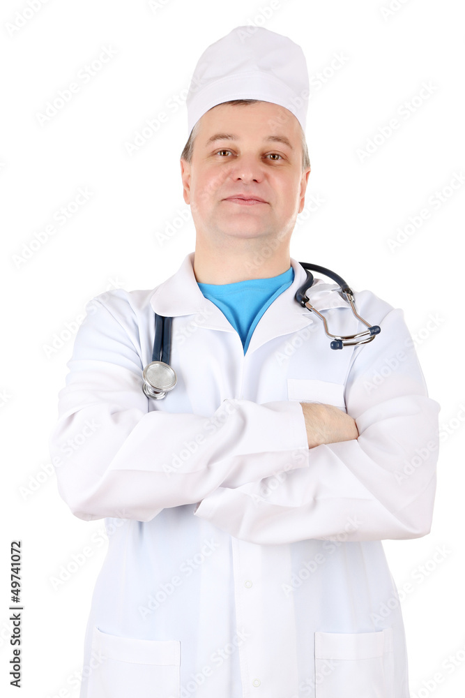 Medical doctor with stethoscope isolated on white Medical doctor with stethoscope isolated on white