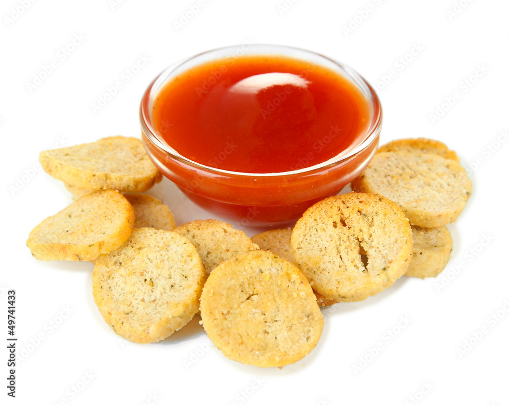Crackers and sauce, isolated on white Crackers and sauce, isolated on white
