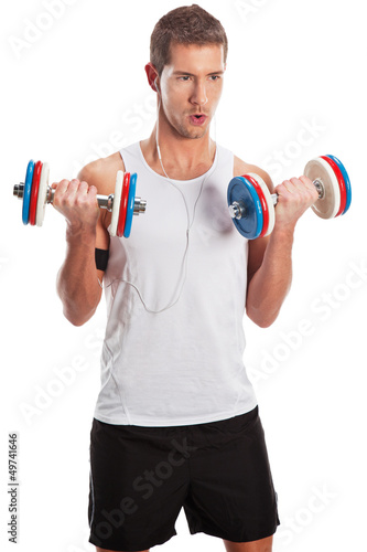 Young man lifting weights isolated on white