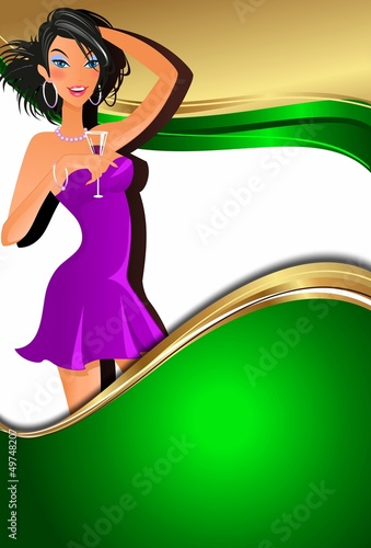 A girl in a purple dress on a green background