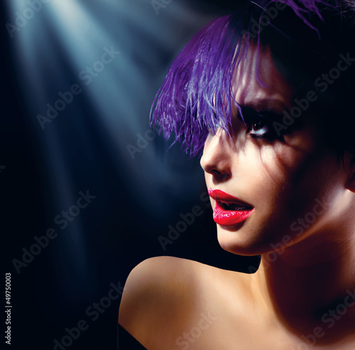 Fashion Art Girl Portrait With Violet Hair. Hairstyle
