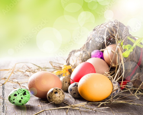 Colorful easter eggs in bro...