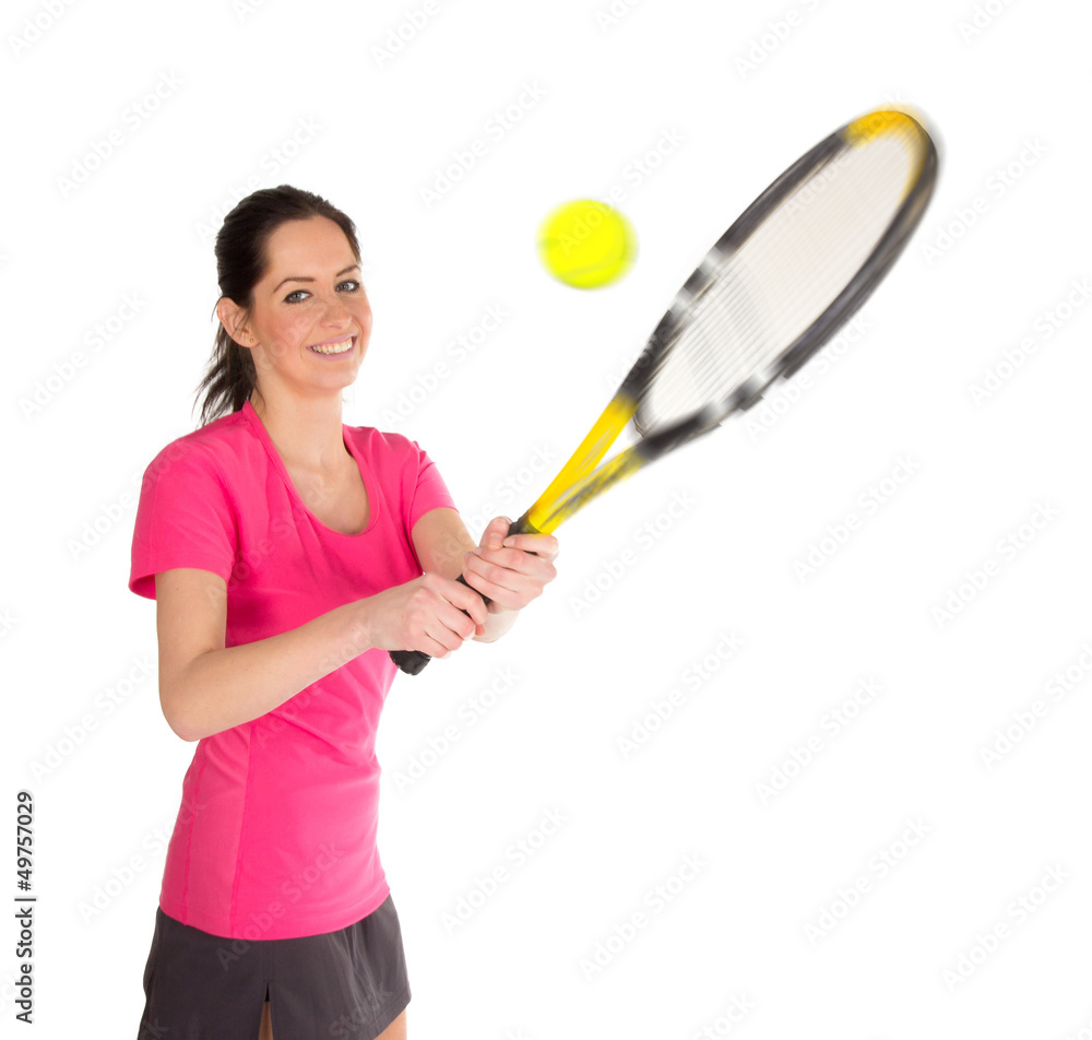 Portrait of young woman with tennis racket isolated on white Portrait of young woman with tennis racket isolated on white