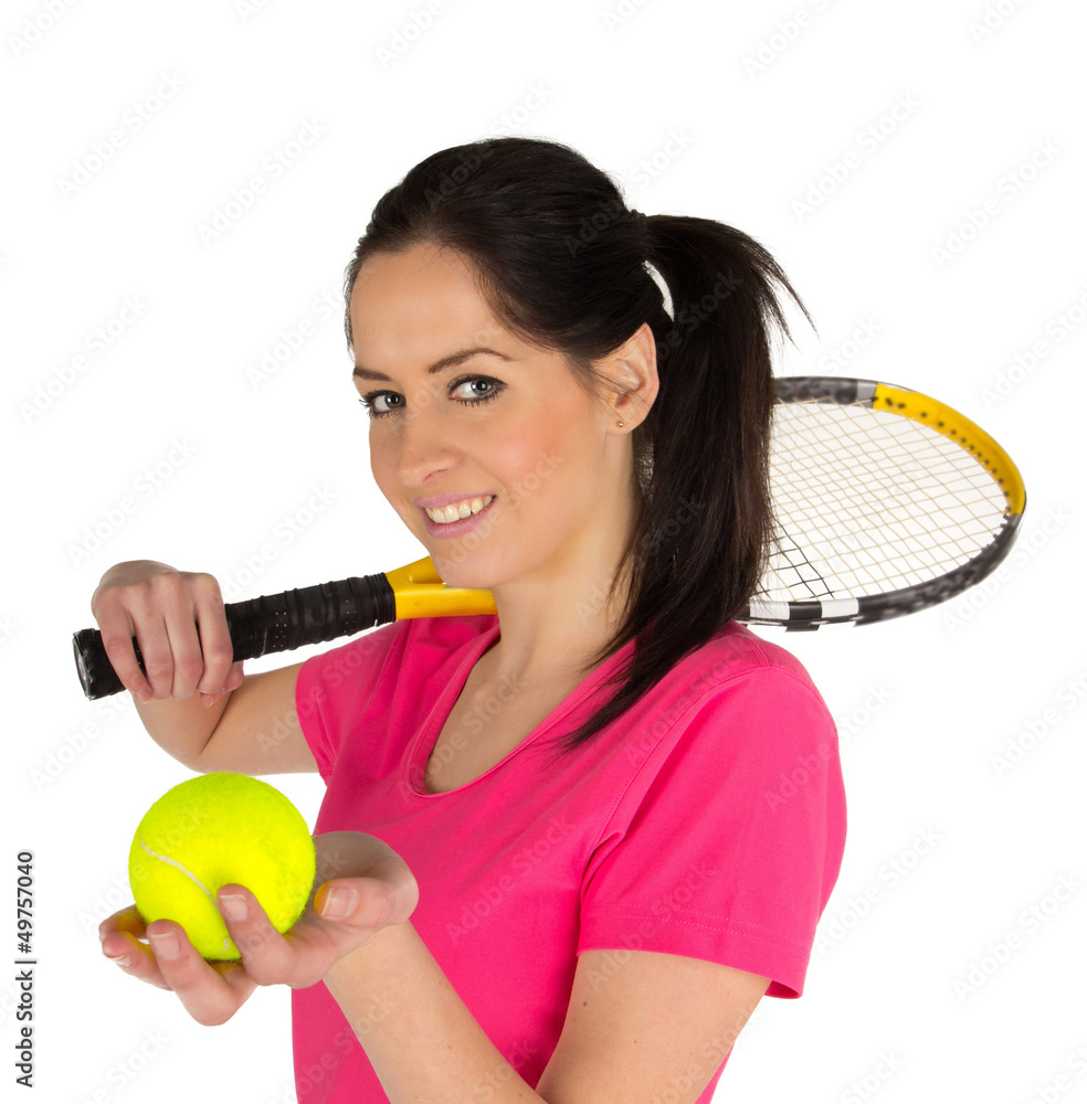 Portrait of young woman with tennis racket isolated on white