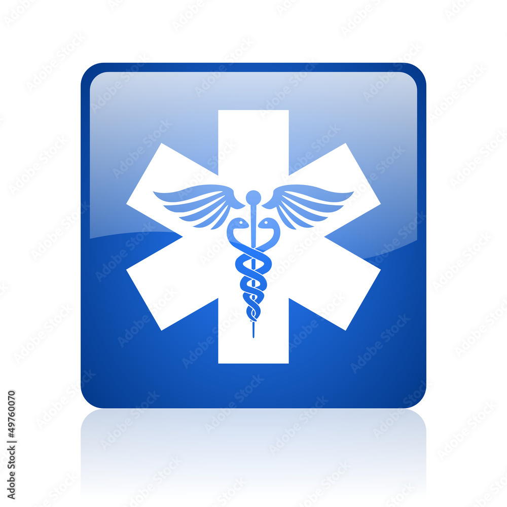 caduceus blue square glossy web icon on white background caduceus blue square glossy web icon on white background