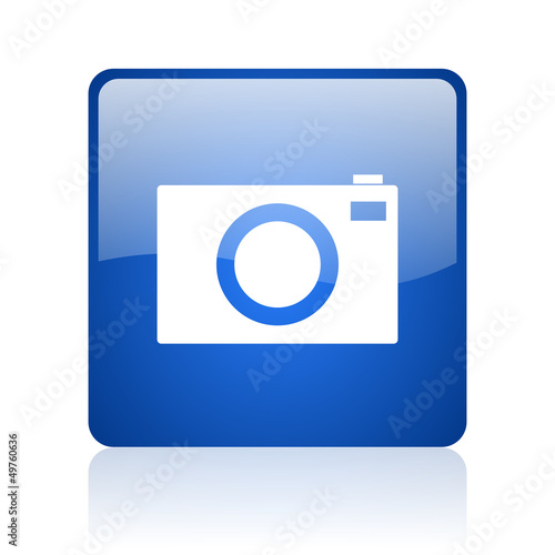 camera blue square glossy web icon on white background