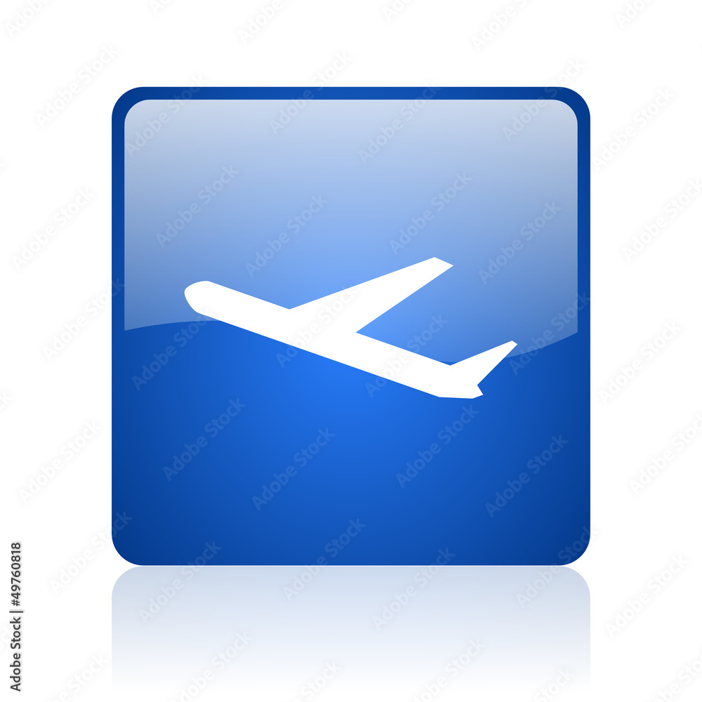 airplane blue square glossy web icon on white background