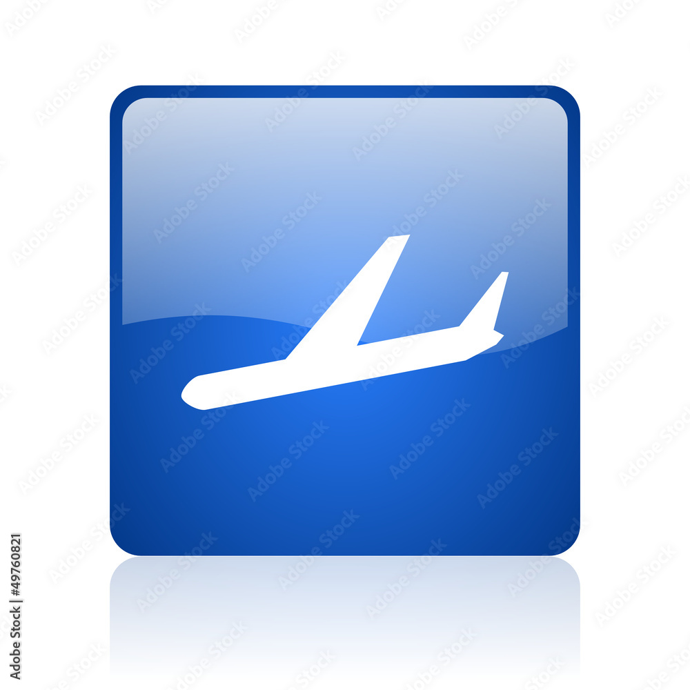 airplane blue square glossy web icon on white background