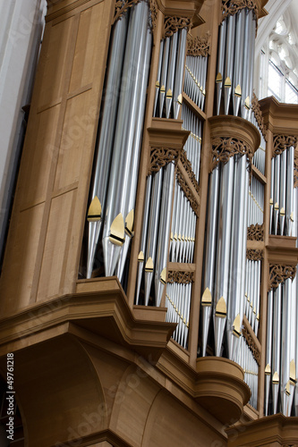 Close-up of a pipe organ in a Cathedral