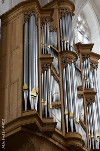 Close-up of a pipe organ in a Cathedral