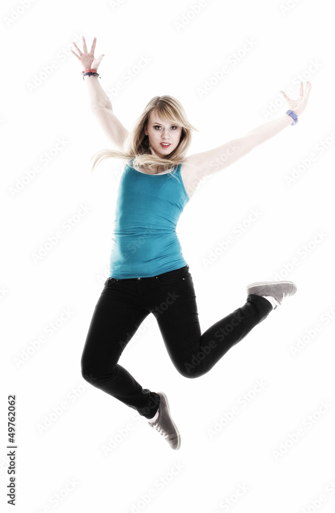 Young female Happy woman jumping with arms up isolated Young female Happy woman jumping with arms up isolated