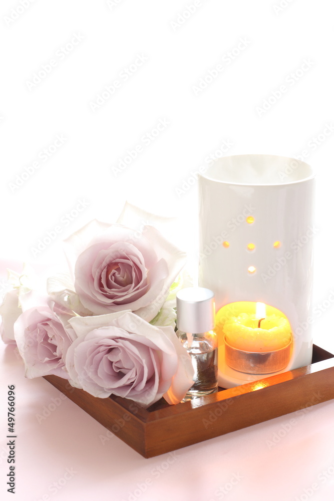 purple roses and aroma pot on white background with copy space