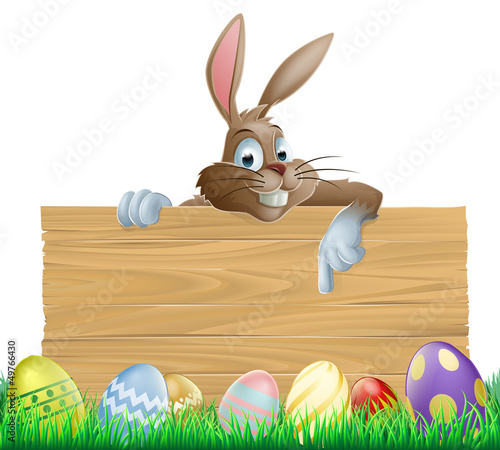 Bunny character pointing and Easter eggs