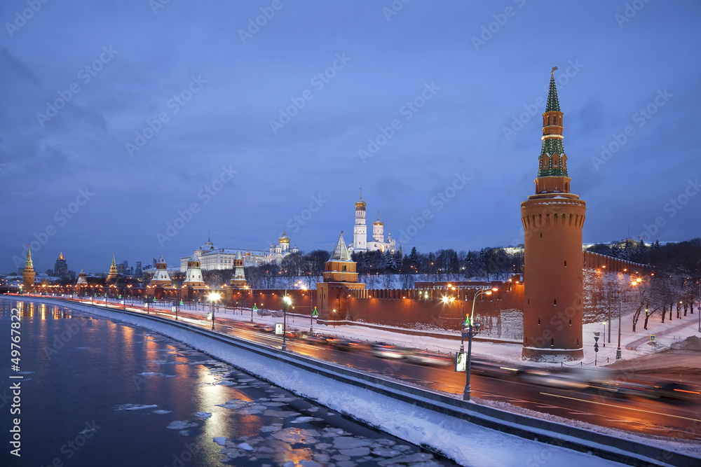 View of Moscow Kremlin in the blue twilight. Russia
