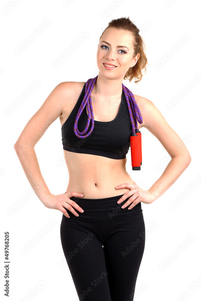 Young woman with skipping rope isolated on white Young woman with skipping rope isolated on white