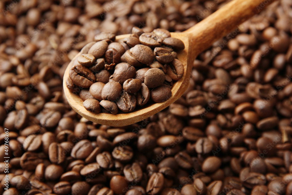 Fototapeta premium Coffee beans in wooden spoon, close up