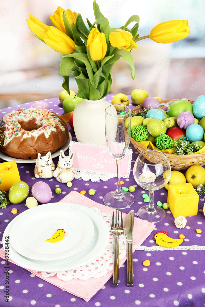 Serving Easter table on room background Serving Easter table on room background