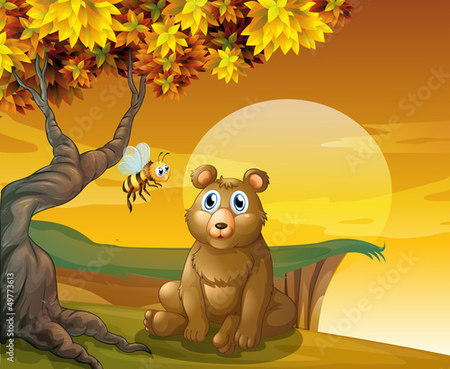 A brown bear and a bee near the cliff